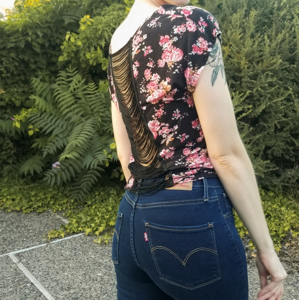 floral tie front top with open string back detail